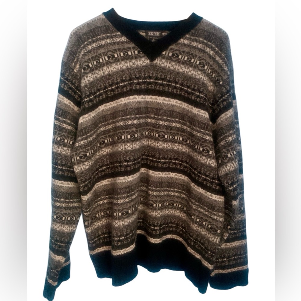 Vintage Men's Skyr Black Grey Nordic Fair Isle V-Neck Lambswool Sweater Size XL